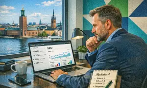 Man studerar SEO-statistik på en laptop med Stockholms stadshus i bakgrunden. En bra seo utbildning ger insikt i sådana siffror.