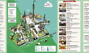 Karta över Gröna Lund med attraktioner, restauranger och barer.