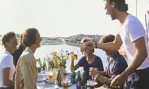 En glad grupp njuter av en sommarmåltid vid havet, en scen som påminner om en klassisk pripps blå reklam.