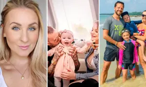 Svenska influencers med barn: en närbild på en kvinna, en familj med en bebis och en familj på stranden.