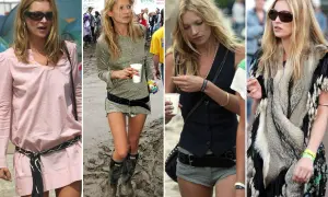 Kate Moss glastonbury-stil i fyra olika outfits. Från rosa klänning till glittrig tunika med gummistövlar och pälsjacka.