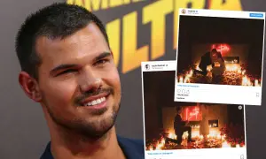 Taylor Lautner ler mot kameran. Till höger syns bilder från hans frieri, där han går ner på knä för Taylor Dome.