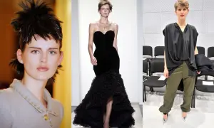 Stella Tennant i tre olika looks: en med spretig frisyr, en i svart balklänning och en i avslappnad outfit med gröna byxor.