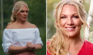 Anna Brolin, med sitt blonda hår uppsatt och klädd i en vit off-shoulder-topp, ler mot kameran. I en annan bild syns hon i en röd topp.