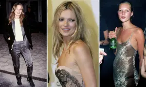 Tre bilder på unga Kate Moss. En i sammetskostym, en i ljus klänning med spets, och en i tunn silverfärgad klänning med en grön flaska.