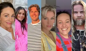 Collage med sex norska influencers. Från vänster: en kvinna i vit skjorta, en i rosa fuskpäls, en man i randig tröja, en kvinna med blont hår, en i färgglad tröja och hängselbyxor, samt en man med långt blont hår och skägg.