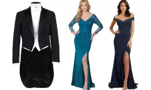 Frack med vit fluga, turkos klänning med blommor och mörkblå klänning med stenar. Perfekt för gala dress code.