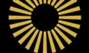 Ett gyllene hjul med strålar mot en svart bakgrund, som en sol eller en symbol för framgång.
