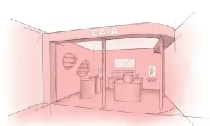 En skiss av en rosa caia pop up-butik med diskar och hyllor.