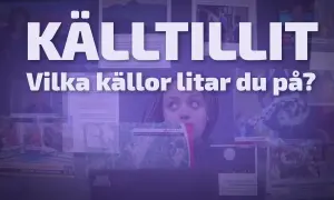 Ung kvinna med flätor tittar upp mot texten "KÄLLTILLIT - Vilka källor litar du på?". Bakgrunden visar fragment av nyhetsinslag, vilket symboliserar vikten av att granska alternativ media.