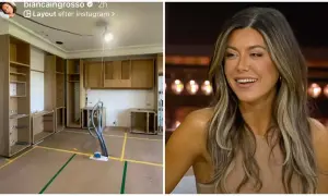 Bianca Ingrosso visar upp ett rum under renovering med nya skåp och en glad Bianca Ingrosso i en studio.