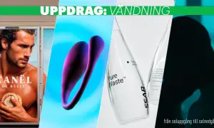 En man med en bulle, en lila form, en glasflaska med texten "Pure Waste" och "SSAB", samt en mörk silhuett. En kampanj från en **agency pr**.