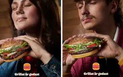 Två personer njuter av en saftig hamburgare från Burger King. Röken stiger från burgaren och skapar en härlig atmosfär.