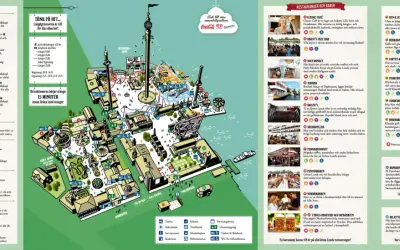 Karta över Gröna Lund med attraktioner, restauranger och barer.