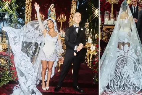 Kourtney Kardashian i Travis Barker firar sin kärlek. Kourtneys korta kourtney kardashian wedding dress med slöja är en dröm i spets.