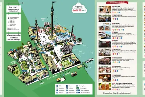 Karta över Gröna Lund med attraktioner, restauranger och barer.