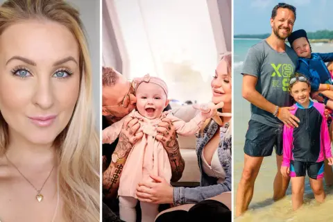 Svenska influencers med barn: en närbild på en kvinna, en familj med en bebis och en familj på stranden.