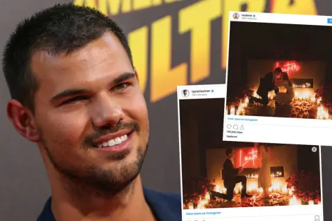 Taylor Lautner ler mot kameran. Till höger syns bilder från hans frieri, där han går ner på knä för Taylor Dome.