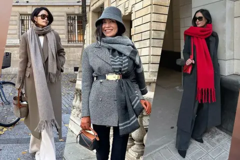 Tre kvinnor visar hur man bär en scarf: en med en lång grå scarf, en med en mönstrad scarf och bälte, och en med en knallröd scarf.