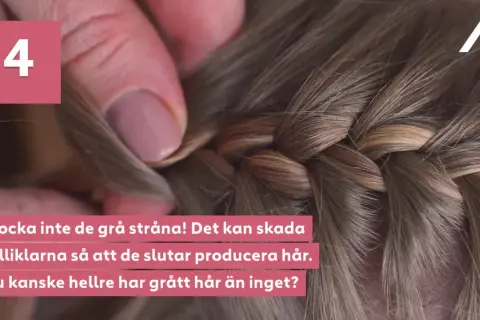 En fläta med vackra nyanser av grått och brunt, en naturlig grey blending. En hand drar försiktigt i en grå strå.