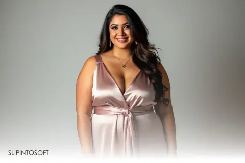 En leende plus size modell i en glänsande rosa klänning med djup urringning och knyt i midjan.