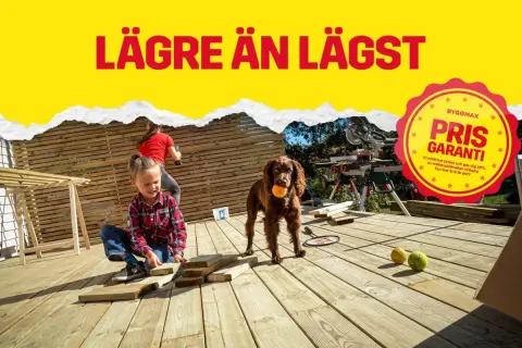 Byggmax reklam: Barn och hund hjälper till med altanbygge. Prisgaranti på allt!