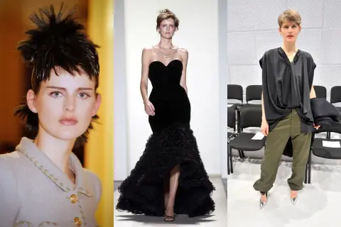Stella Tennant i tre olika looks: en med spretig frisyr, en i svart balklänning och en i avslappnad outfit med gröna byxor.