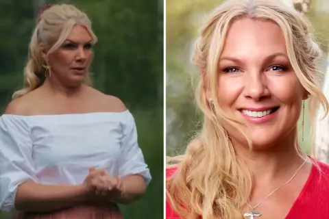 Anna Brolin, med sitt blonda hår uppsatt och klädd i en vit off-shoulder-topp, ler mot kameran. I en annan bild syns hon i en röd topp.