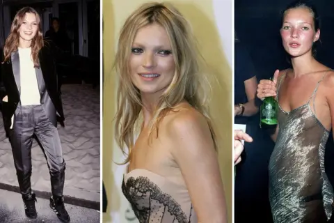 Tre bilder på unga Kate Moss. En i sammetskostym, en i ljus klänning med spets, och en i tunn silverfärgad klänning med en grön flaska.