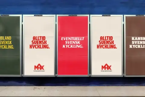 Max reklam: "Ibland svensk kyckling", "Alltid svensk kyckling", "Eventuellt svensk kyckling", "Kanske svensk kyckling".