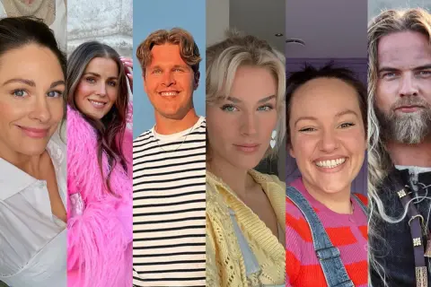 Collage med sex norska influencers. Från vänster: en kvinna i vit skjorta, en i rosa fuskpäls, en man i randig tröja, en kvinna med blont hår, en i färgglad tröja och hängselbyxor, samt en man med långt blont hår och skägg.