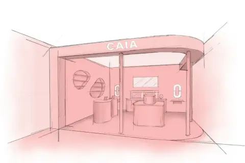 En skiss av en rosa caia pop up-butik med diskar och hyllor.