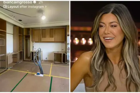 Bianca Ingrosso visar upp ett rum under renovering med nya skåp och en glad Bianca Ingrosso i en studio.