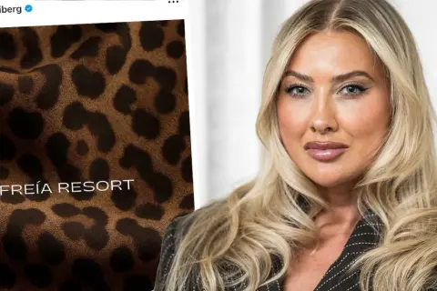 Hanna Friberg, influencer, visar upp ett leopardmönstrat tyg med texten "FREÍA RESORT".