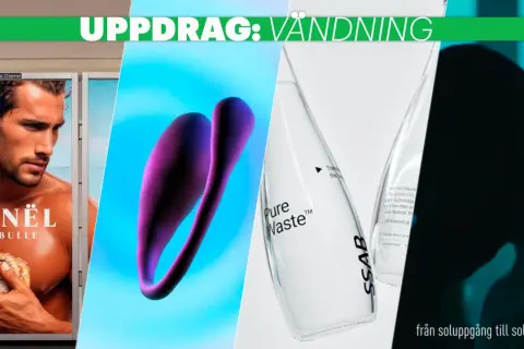 En man med en bulle, en lila form, en glasflaska med texten "Pure Waste" och "SSAB", samt en mörk silhuett. En kampanj från en **agency pr**.