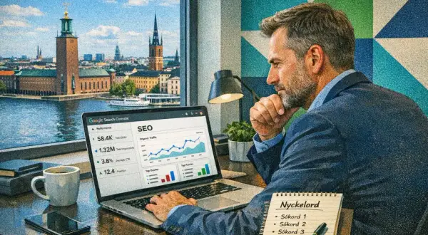 Man studerar SEO-statistik på en laptop med Stockholms stadshus i bakgrunden. En bra seo utbildning ger insikt i sådana siffror.