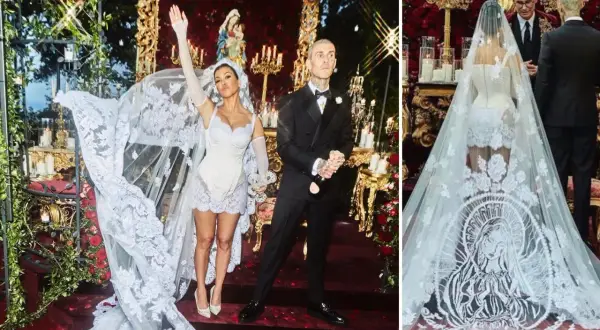 Kourtney Kardashian i Travis Barker firar sin kärlek. Kourtneys korta kourtney kardashian wedding dress med slöja är en dröm i spets.