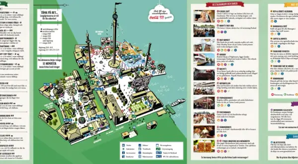 Karta över Gröna Lund med attraktioner, restauranger och barer.