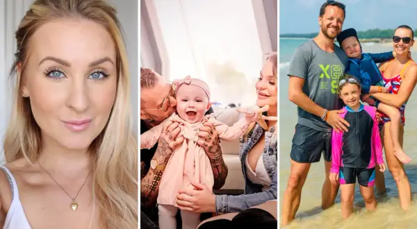 Svenska influencers med barn: en närbild på en kvinna, en familj med en bebis och en familj på stranden.