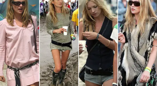 Kate Moss glastonbury-stil i fyra olika outfits. Från rosa klänning till glittrig tunika med gummistövlar och pälsjacka.