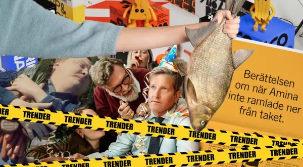 En man håller upp en fisk, omgiven av folk på fest och varningsband. Dålig reklam med en absurd twist.