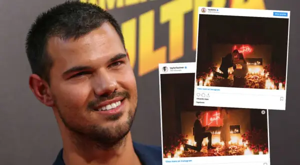 Taylor Lautner ler mot kameran. Till höger syns bilder från hans frieri, där han går ner på knä för Taylor Dome.