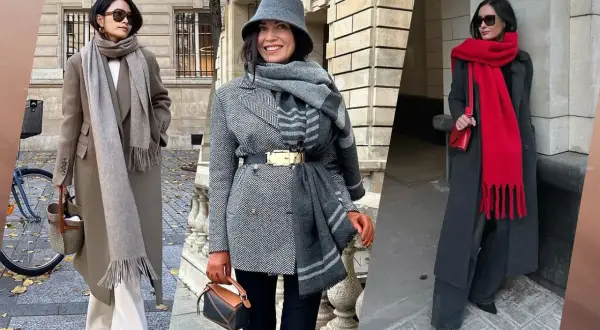 Tre kvinnor visar hur man bär en scarf: en med en lång grå scarf, en med en mönstrad scarf och bälte, och en med en knallröd scarf.