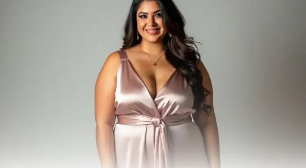 En leende plus size modell i en glänsande rosa klänning med djup urringning och knyt i midjan.
