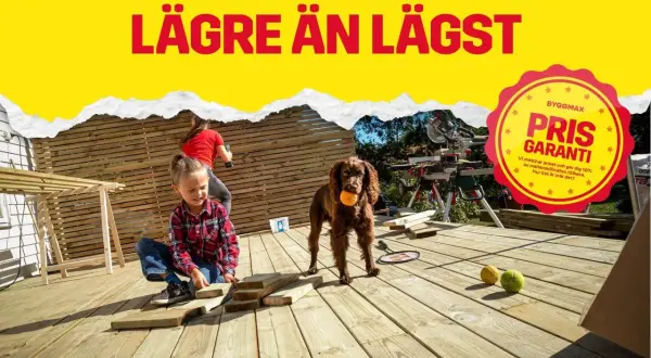 Byggmax reklam: Barn och hund hjälper till med altanbygge. Prisgaranti på allt!