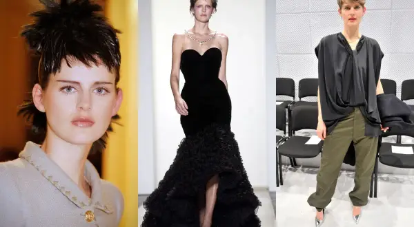 Stella Tennant i tre olika looks: en med spretig frisyr, en i svart balklänning och en i avslappnad outfit med gröna byxor.