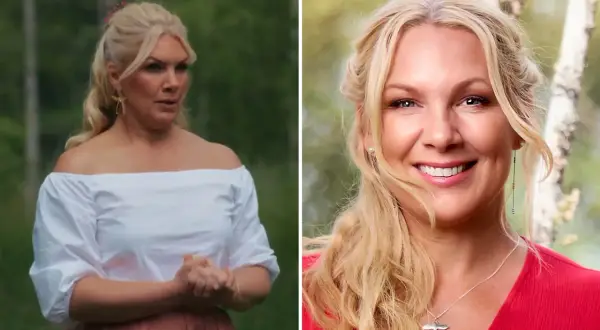 Anna Brolin, med sitt blonda hår uppsatt och klädd i en vit off-shoulder-topp, ler mot kameran. I en annan bild syns hon i en röd topp.
