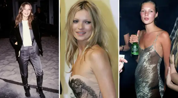 Tre bilder på unga Kate Moss. En i sammetskostym, en i ljus klänning med spets, och en i tunn silverfärgad klänning med en grön flaska.