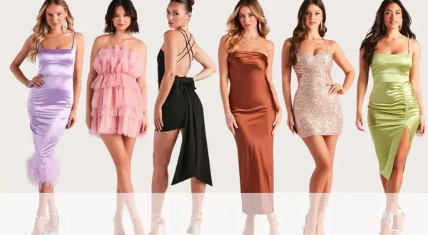 Sex modeller visar upp klänningar för cocktailklänningskod: lila satin med fjädrar, rosa tyll, svart med rosett, rostfärgad satin, paljetter och ljusgrön satin.