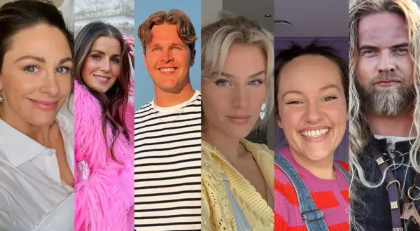 Collage med sex norska influencers. Från vänster: en kvinna i vit skjorta, en i rosa fuskpäls, en man i randig tröja, en kvinna med blont hår, en i färgglad tröja och hängselbyxor, samt en man med långt blont hår och skägg.